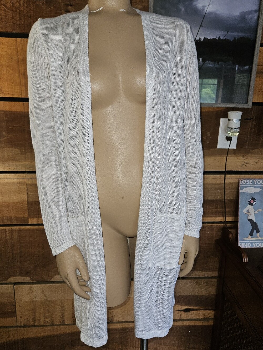 J Jill White Open-Knit Open-Front Linen Blend Cardigan Duster XS Coastal Chic